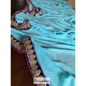 Sky Blue Faux Georgette Saree with Blouse Partywear Wedding Indian Bollywood